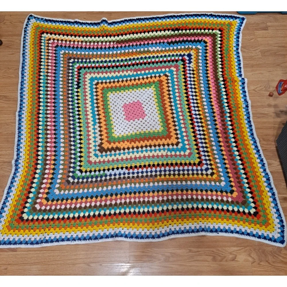 Vtg Vintage Handmade Crochet Afghan Throw‎ Granny Blanket Rainbow 63